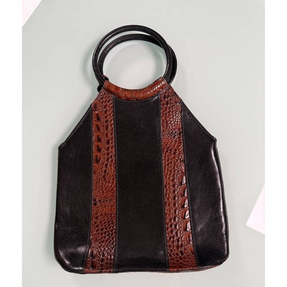 BRAHMIN Black & Burg Croc Embossed leather Trapezoid Shape Top handle Satchel - Picture 2 of 10